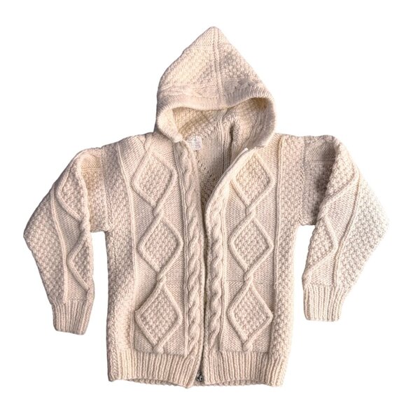 Handcrafted Indian Creation Wool Hooded Cardigan Sweater 3D Diamond Knit Pattern - Picture 1 of 7